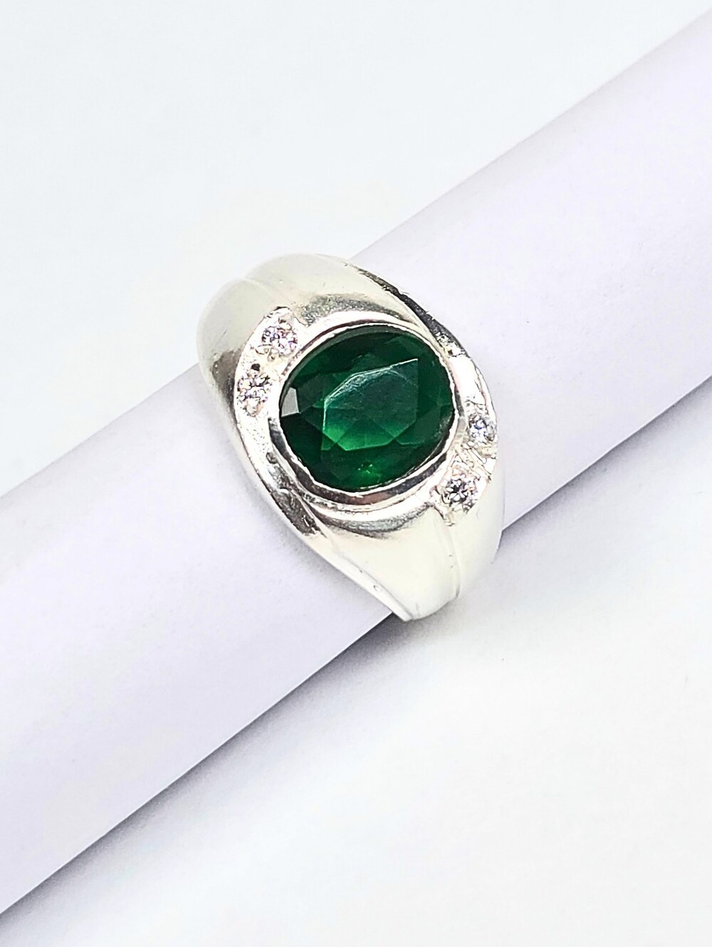 925 Sterling Silver Men's Statement Ring Green Round CZ Polished Finish Size 9